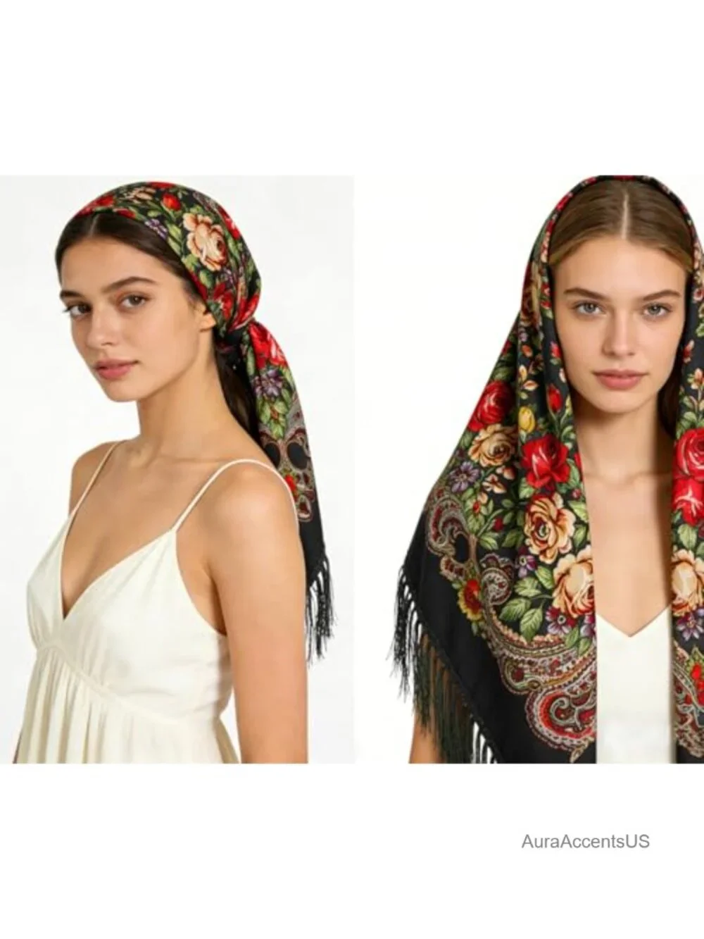 Traditional Folk Scarf Shawl Wrap with Tassel Fringe Lightweight Cotton Blend